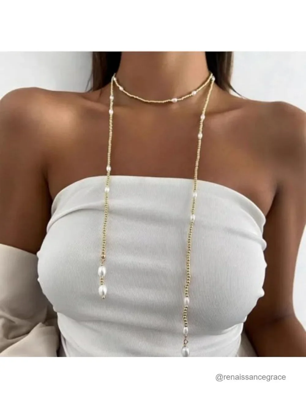 Dainty Long Pearl Lariat Necklace, Y-Shaped Wrap Chain, Layered Turquoise